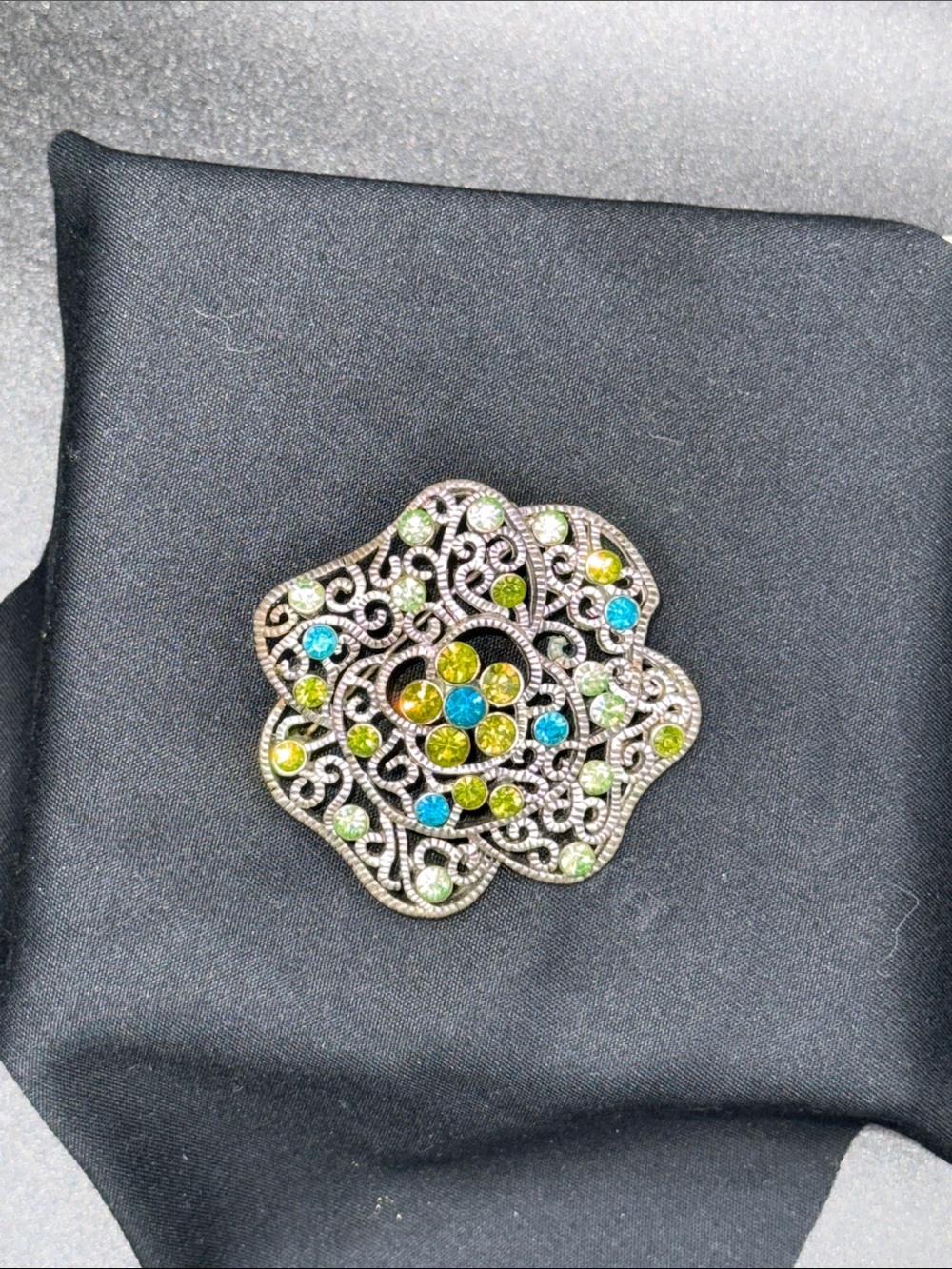Floral Filigree Multi-Color Crystal Brooch - Green Blue Yellow Accents